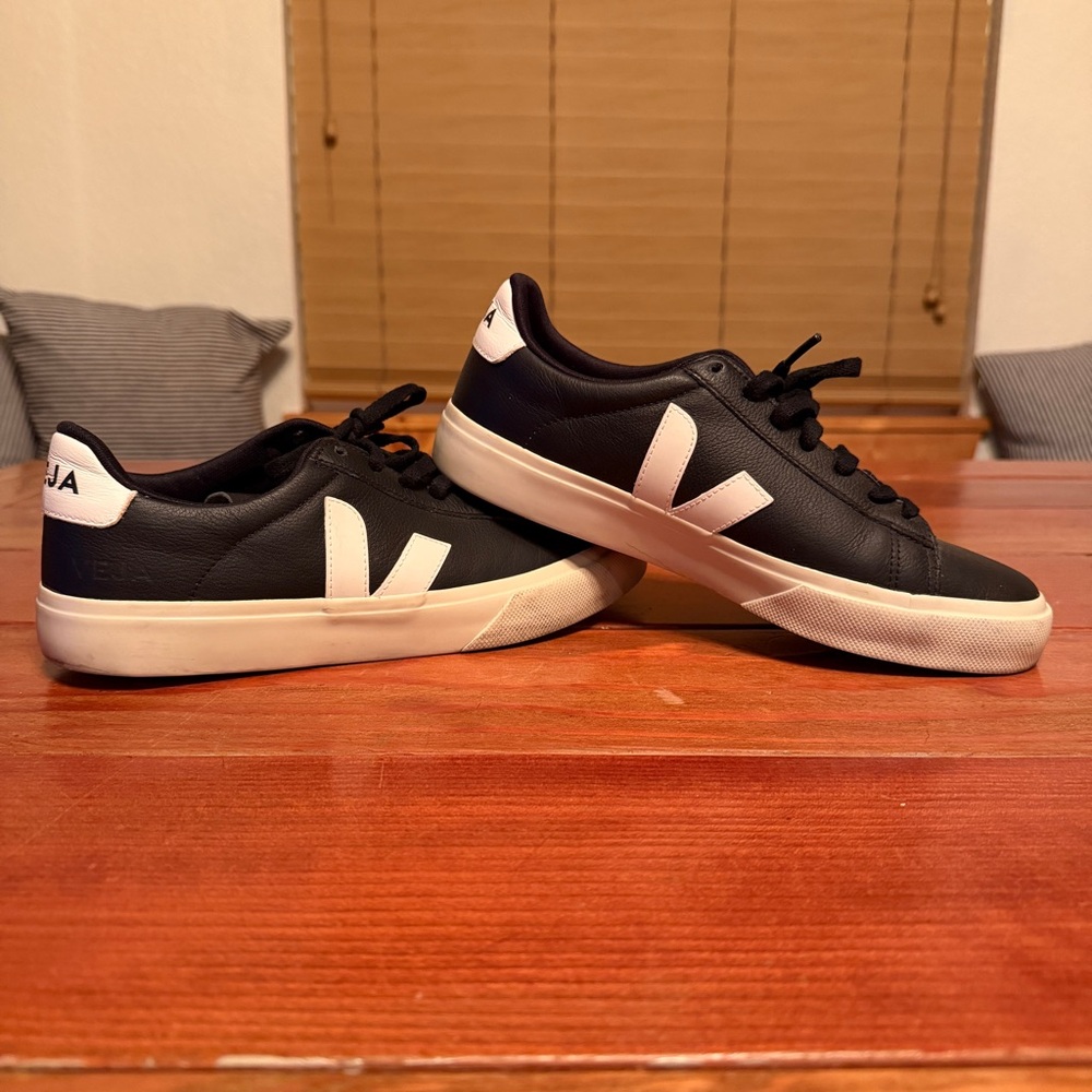 Veja Black Leather Low-Top Sneakers with White V Logo